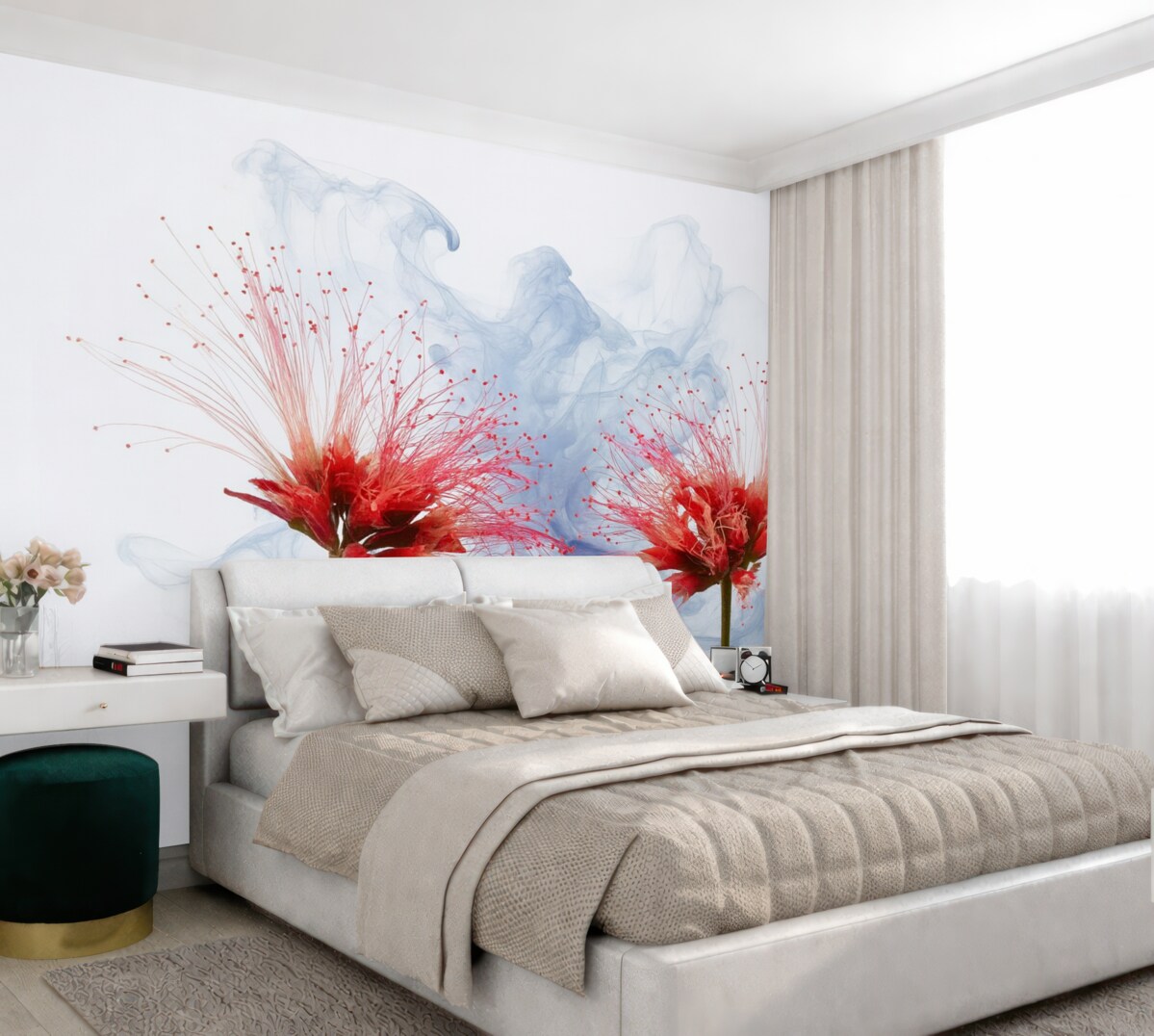 Fototapeta Wielkie czerwone kwiaty z bliska na tle mgły.