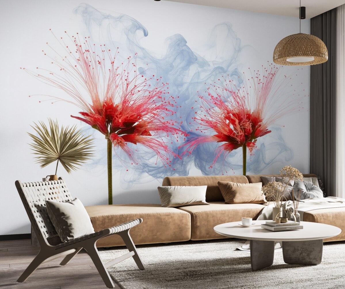 Fototapeta Wielkie czerwone kwiaty z bliska na tle mgły.