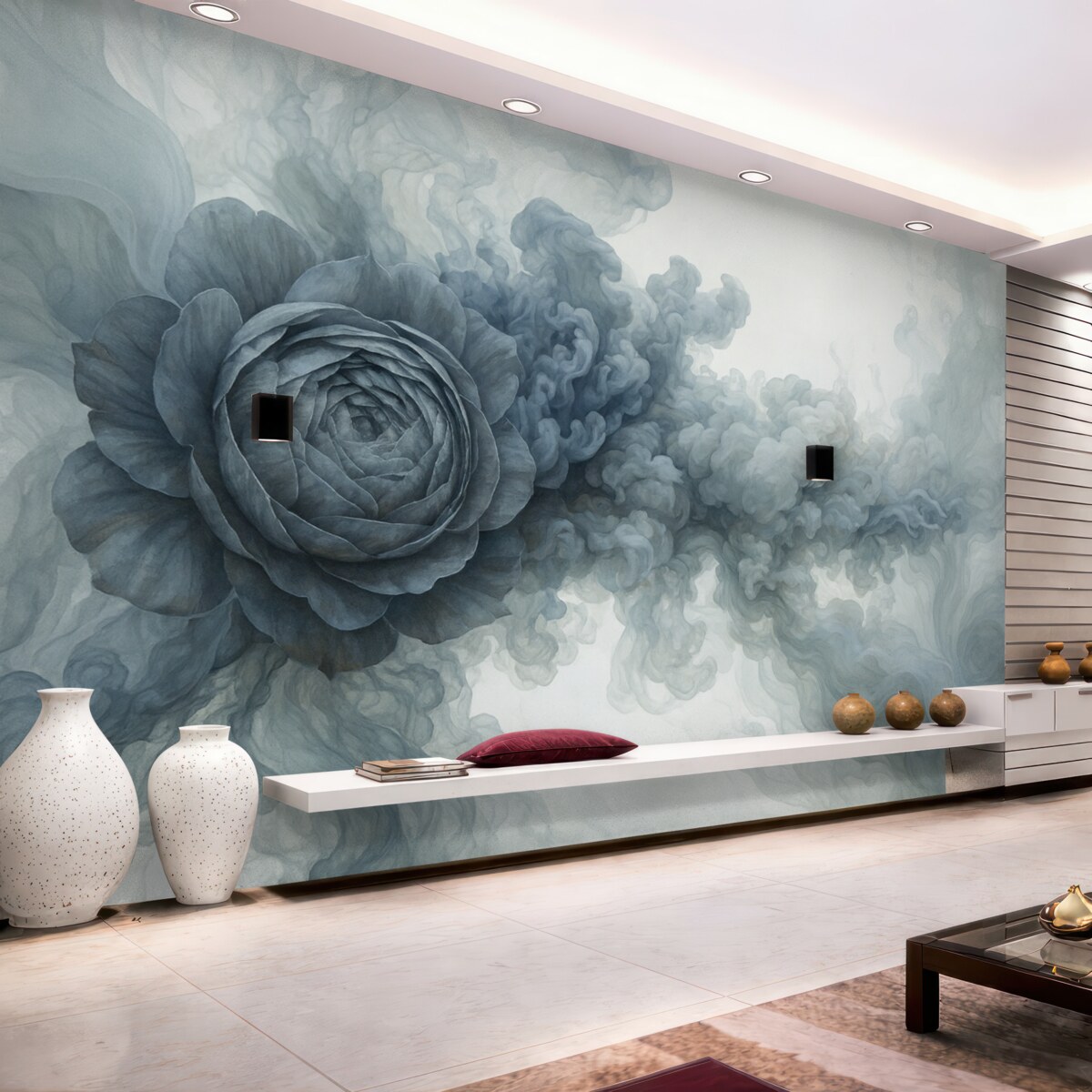 Fototapeta Róża w oparach. Tapeta zainspirowana lekkimi wzorami degradacji i róży. W chłodnych odcieniach.