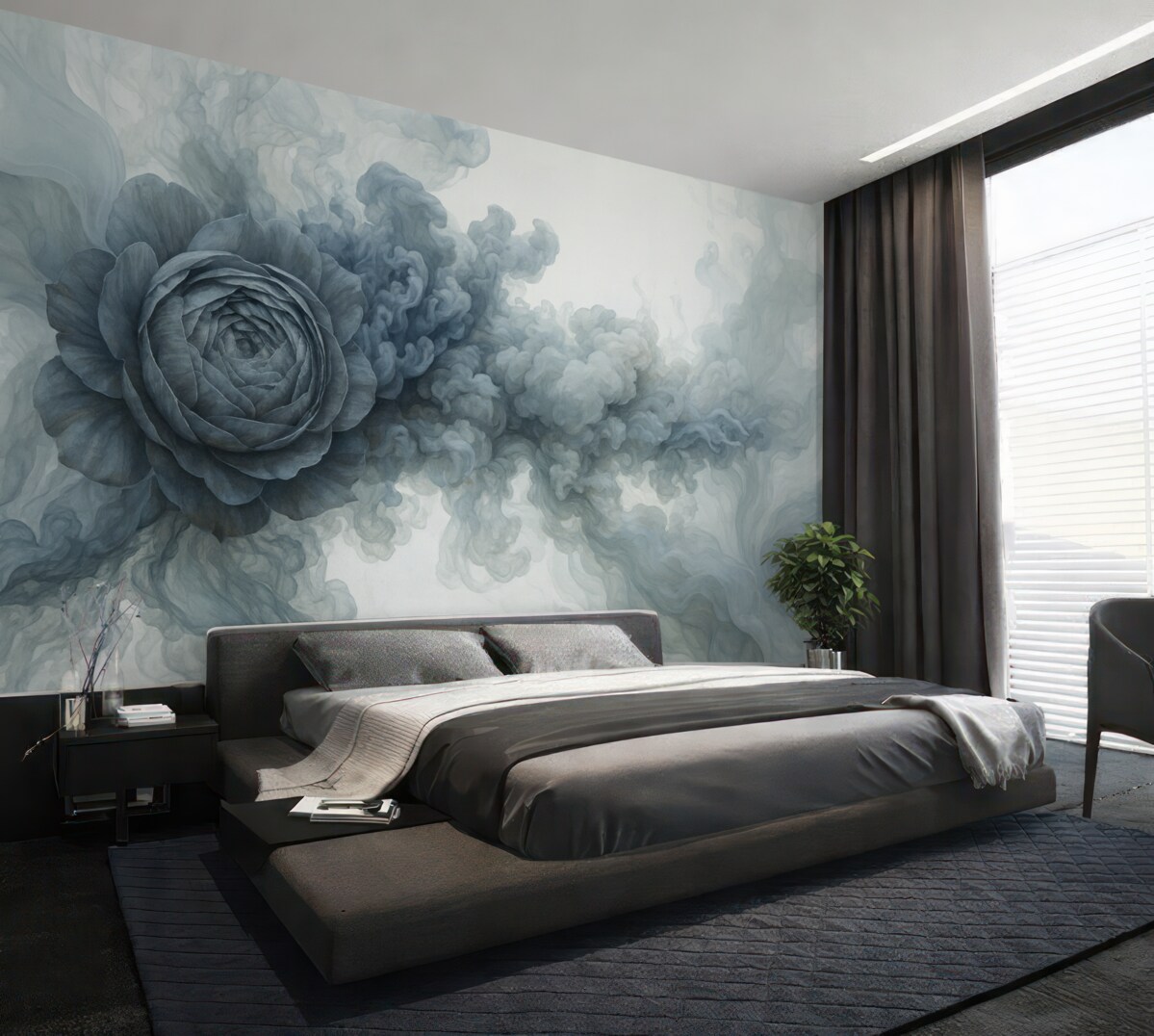 Fototapeta Róża w oparach. Tapeta zainspirowana lekkimi wzorami degradacji i róży. W chłodnych odcieniach.