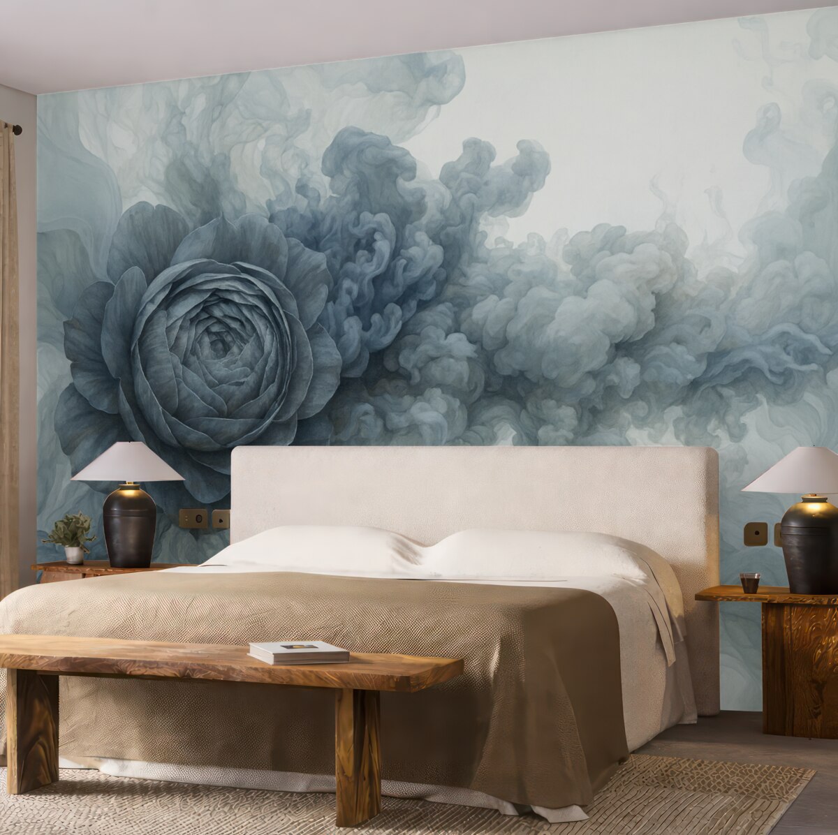 Fototapeta Róża w oparach. Tapeta zainspirowana lekkimi wzorami degradacji i róży. W chłodnych odcieniach.