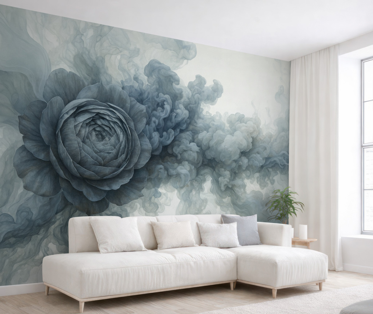 Fototapeta Róża w oparach. Tapeta zainspirowana lekkimi wzorami degradacji i róży. W chłodnych odcieniach.