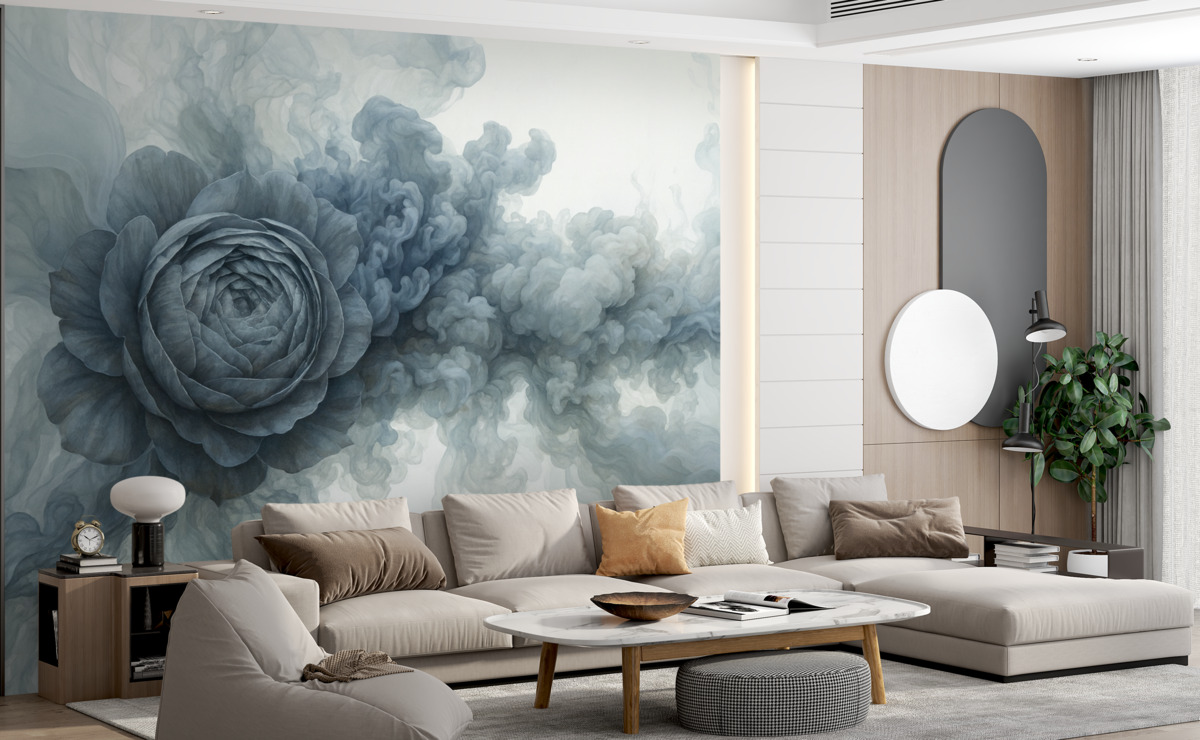 Fototapeta Róża w oparach. Tapeta zainspirowana lekkimi wzorami degradacji i róży. W chłodnych odcieniach.