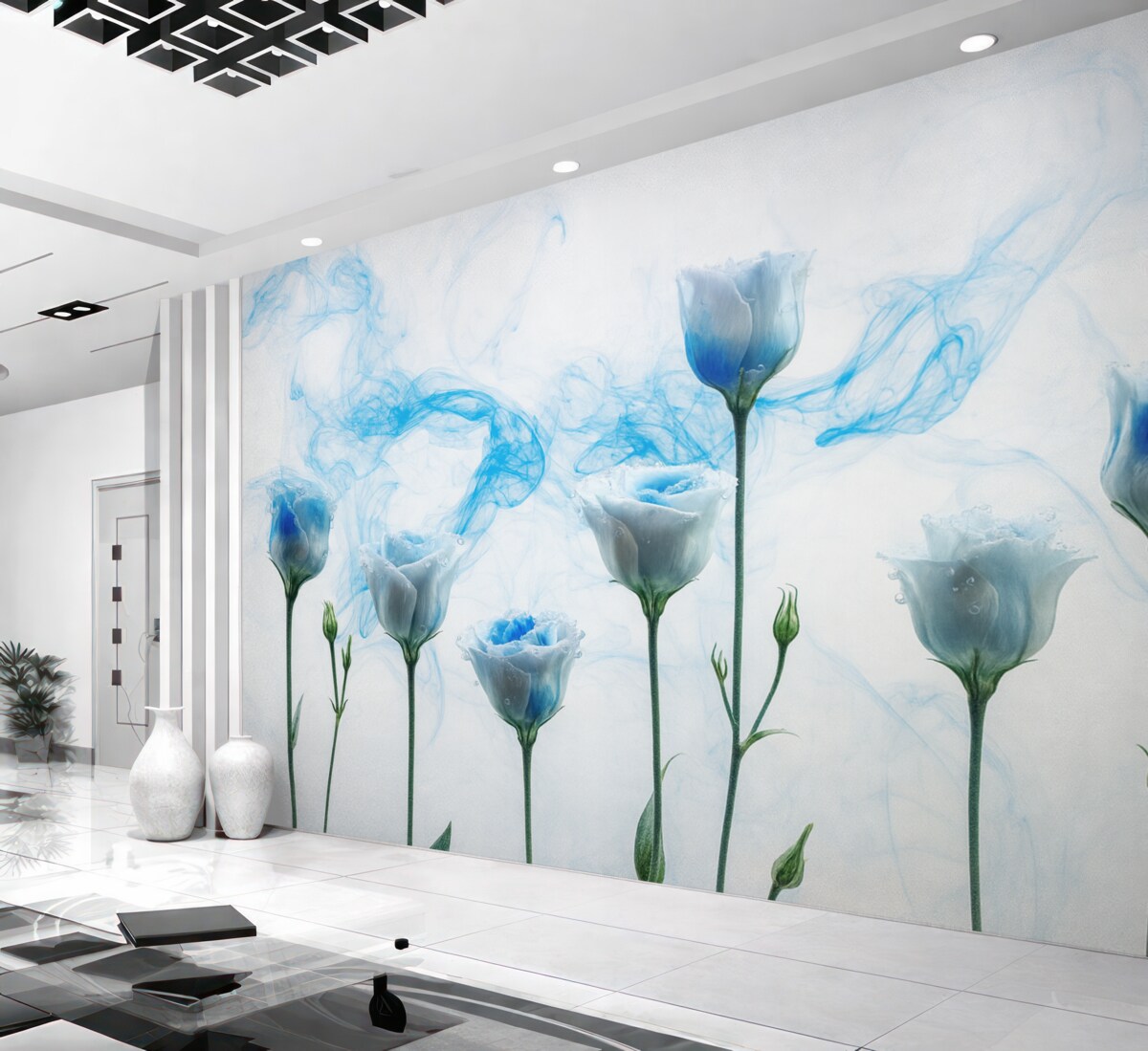 Fototapeta Białe róże zanurzone w wodzie na jasnym tle z błękitnymi smugami farby akrylowej.