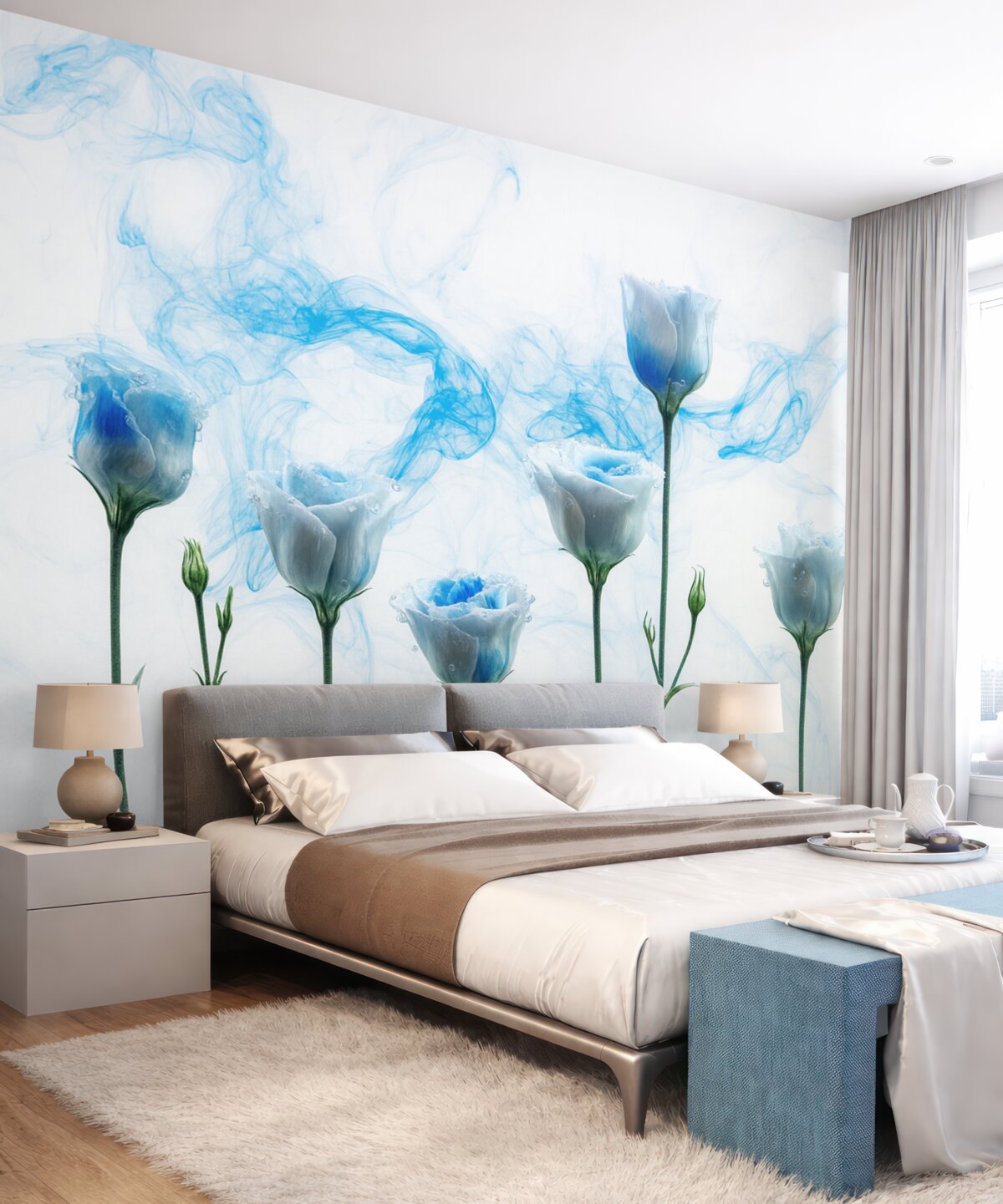 Fototapeta Białe róże zanurzone w wodzie na jasnym tle z błękitnymi smugami farby akrylowej.