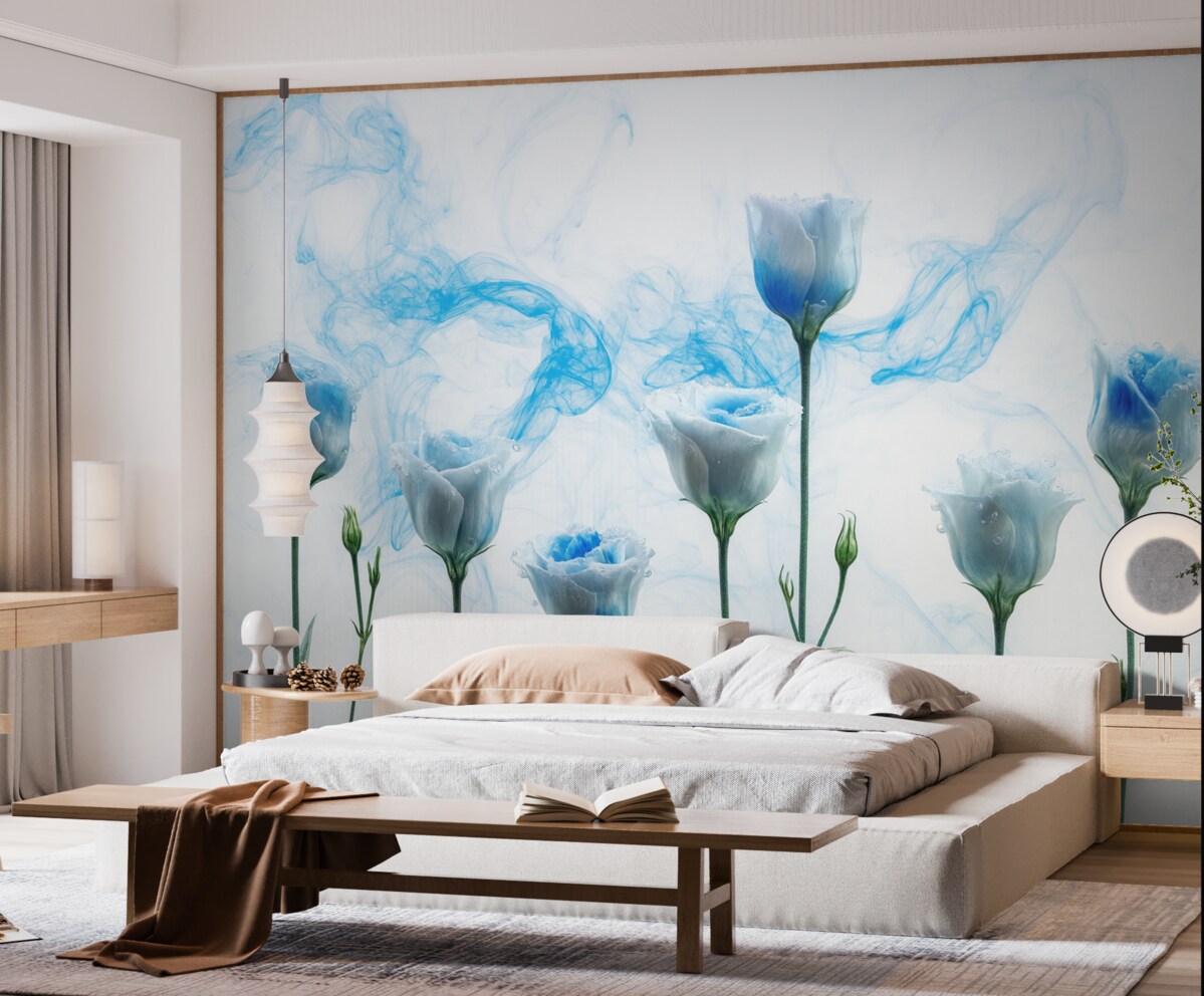 Fototapeta Białe róże zanurzone w wodzie na jasnym tle z błękitnymi smugami farby akrylowej.