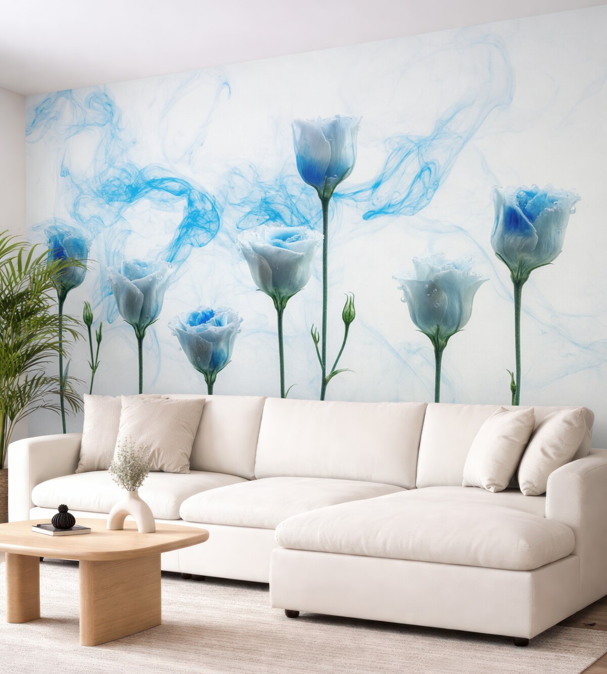 Fototapeta Białe róże zanurzone w wodzie na jasnym tle z błękitnymi smugami farby akrylowej.