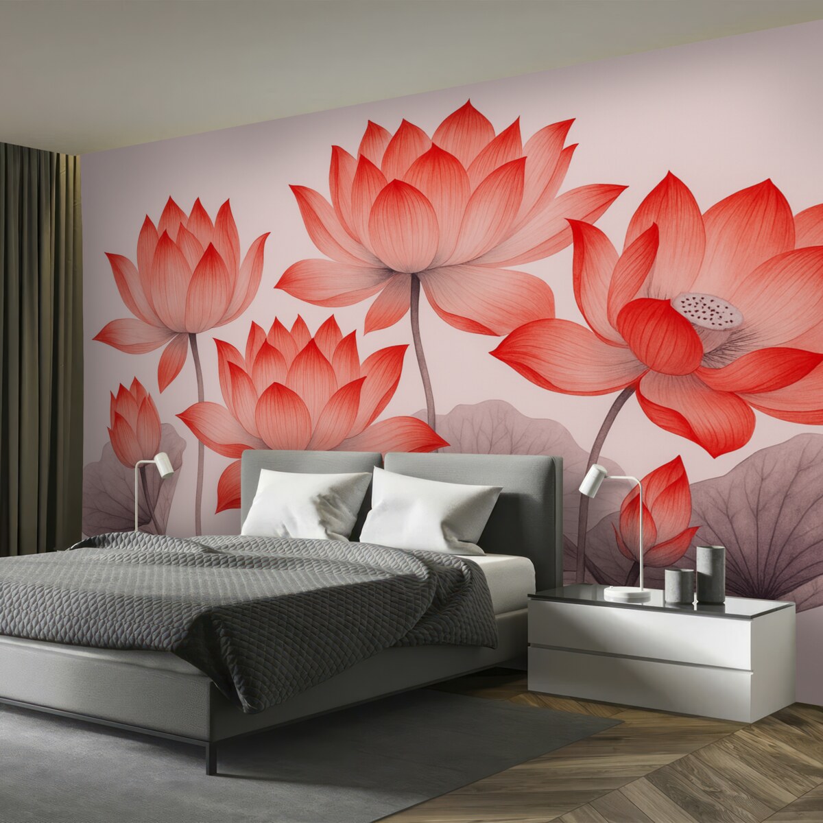 Fototapeta Trzy czerwone kwiaty lotosu w chińskim stylu artystycznym.