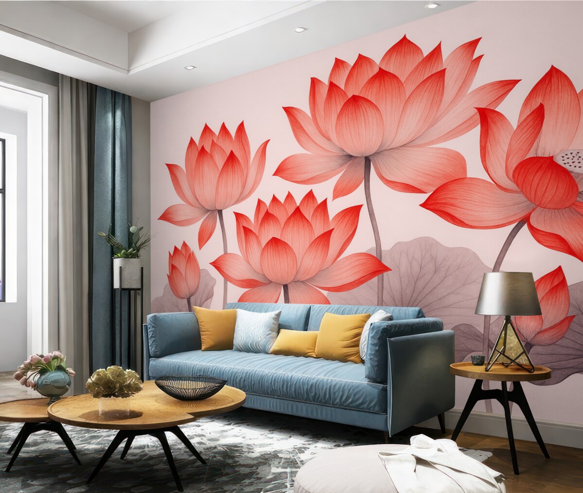 Fototapeta Trzy czerwone kwiaty lotosu w chińskim stylu artystycznym.