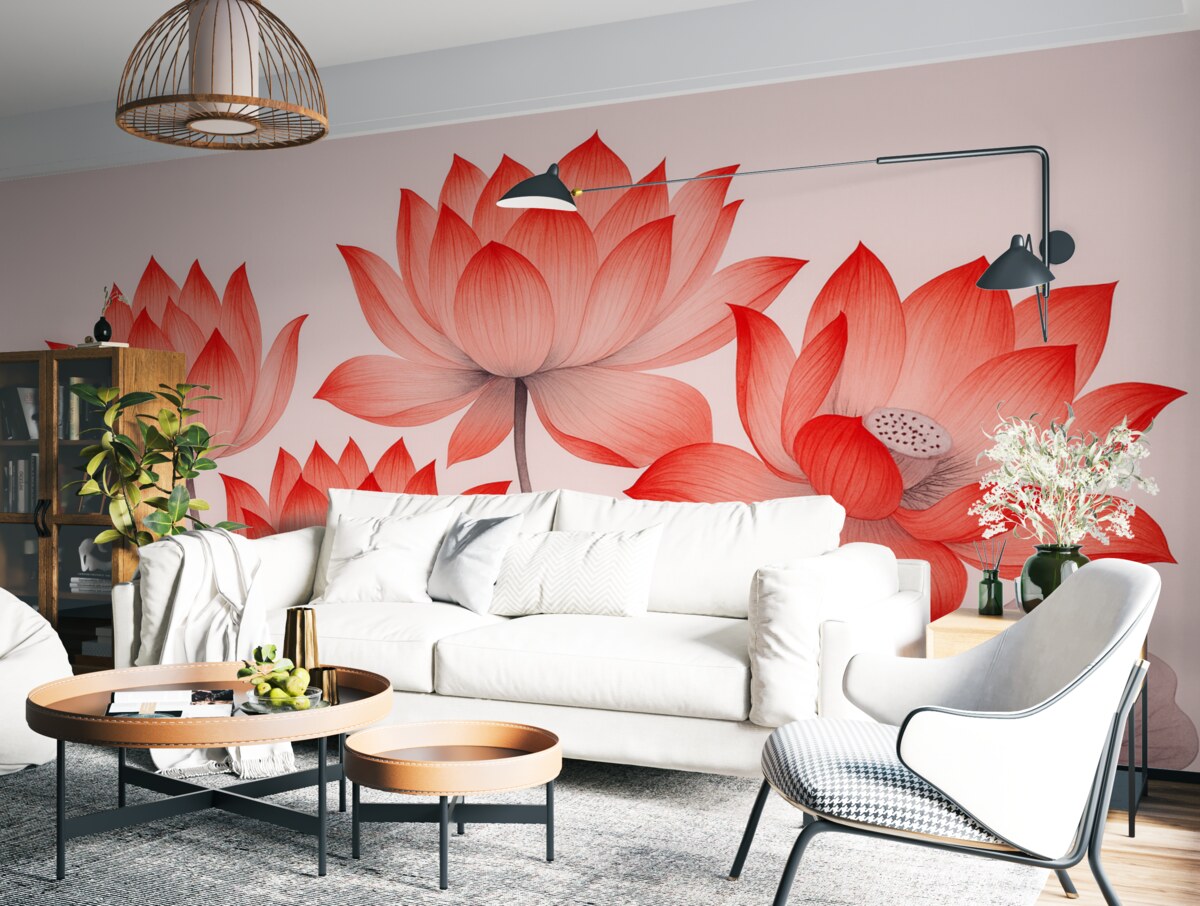 Fototapeta Trzy czerwone kwiaty lotosu w chińskim stylu artystycznym.