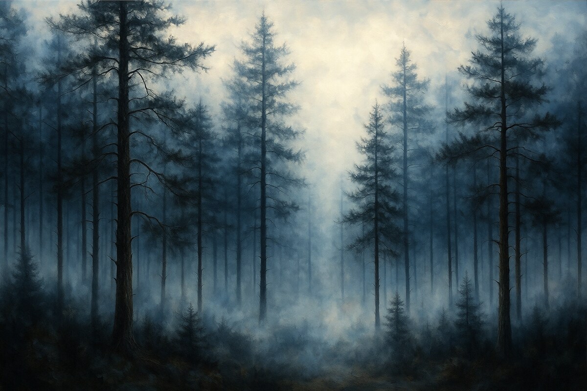 Fototapeta Mistyczny las, sosny, mgła, akryl, głębokie niebieskie barwy.