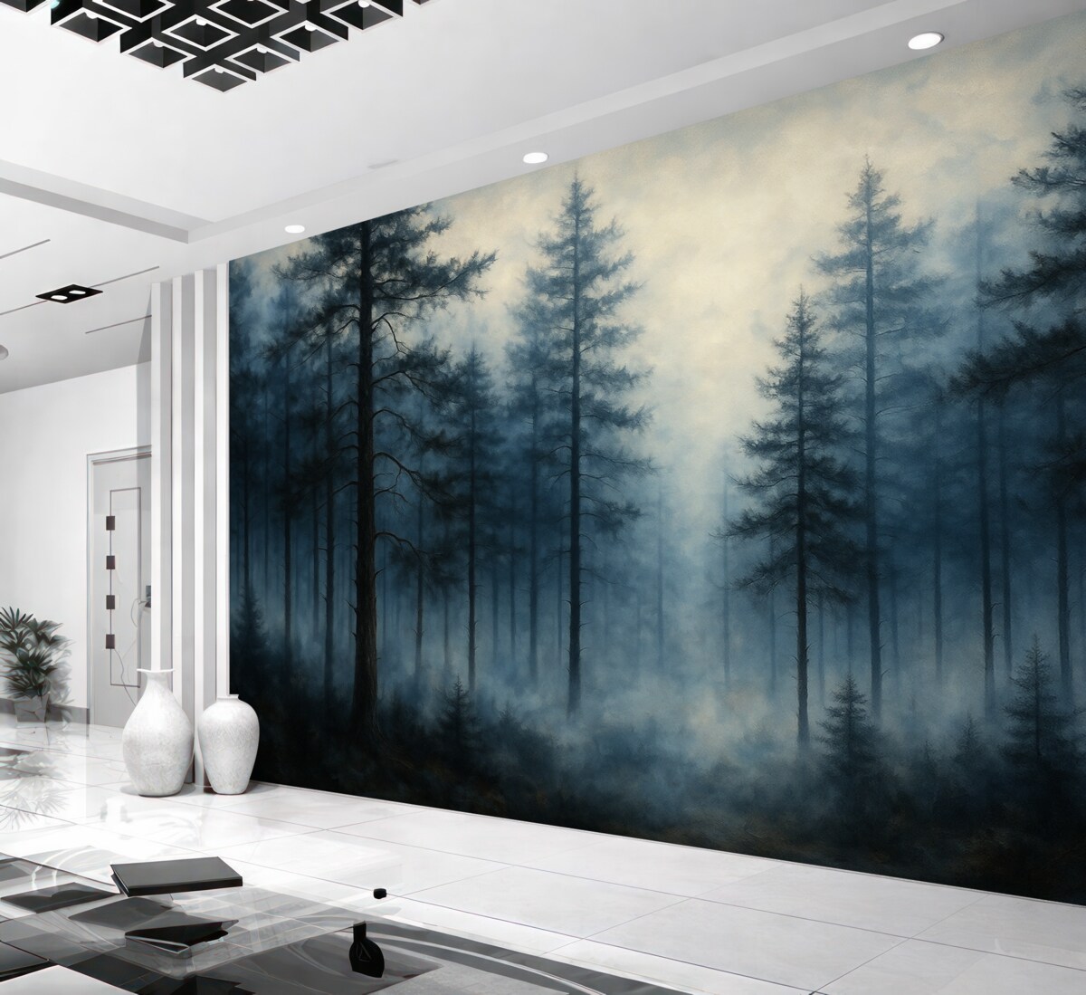 Fototapeta Mistyczny las, sosny, mgła, akryl, głębokie niebieskie barwy.