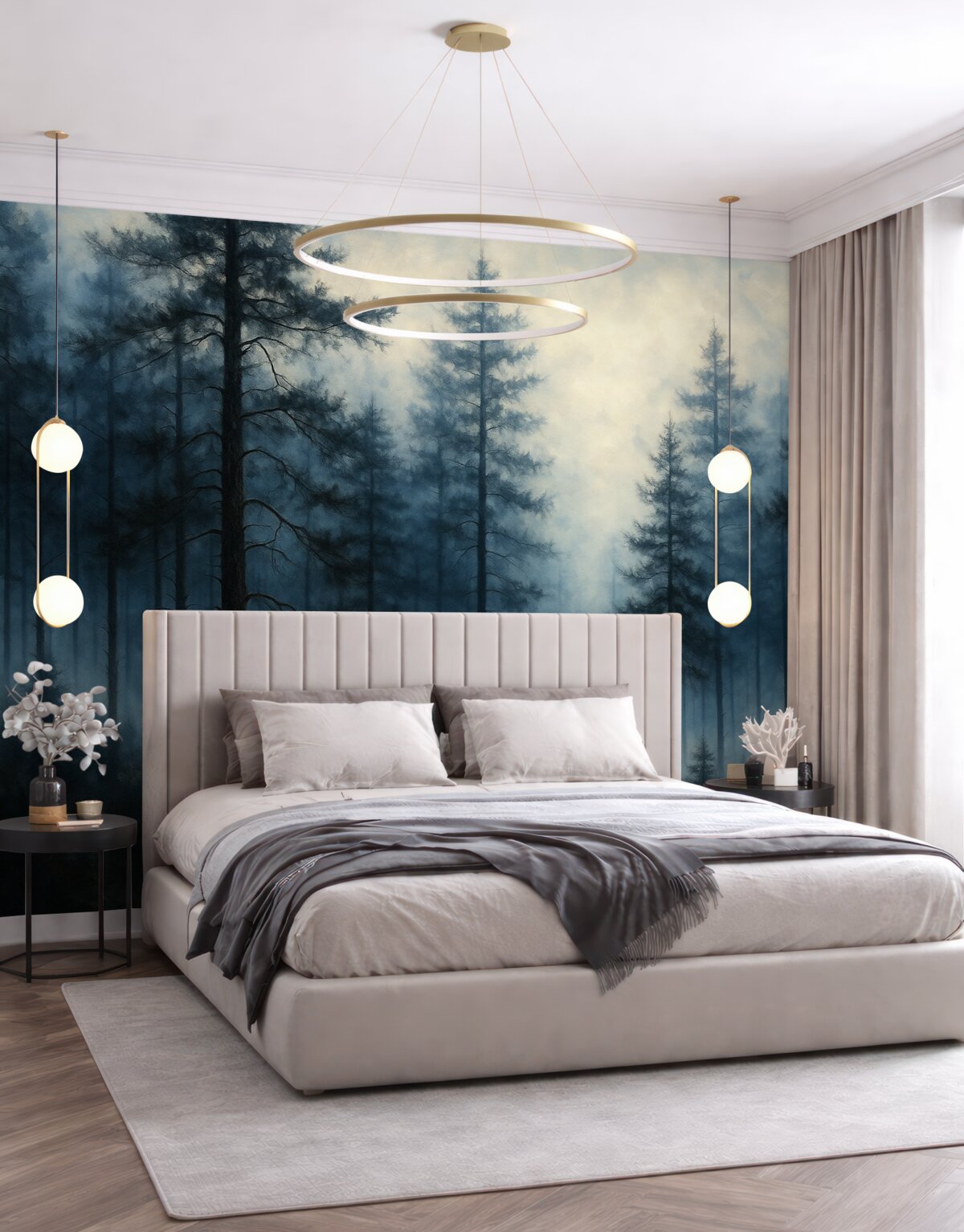 Fototapeta Mistyczny las, sosny, mgła, akryl, głębokie niebieskie barwy.