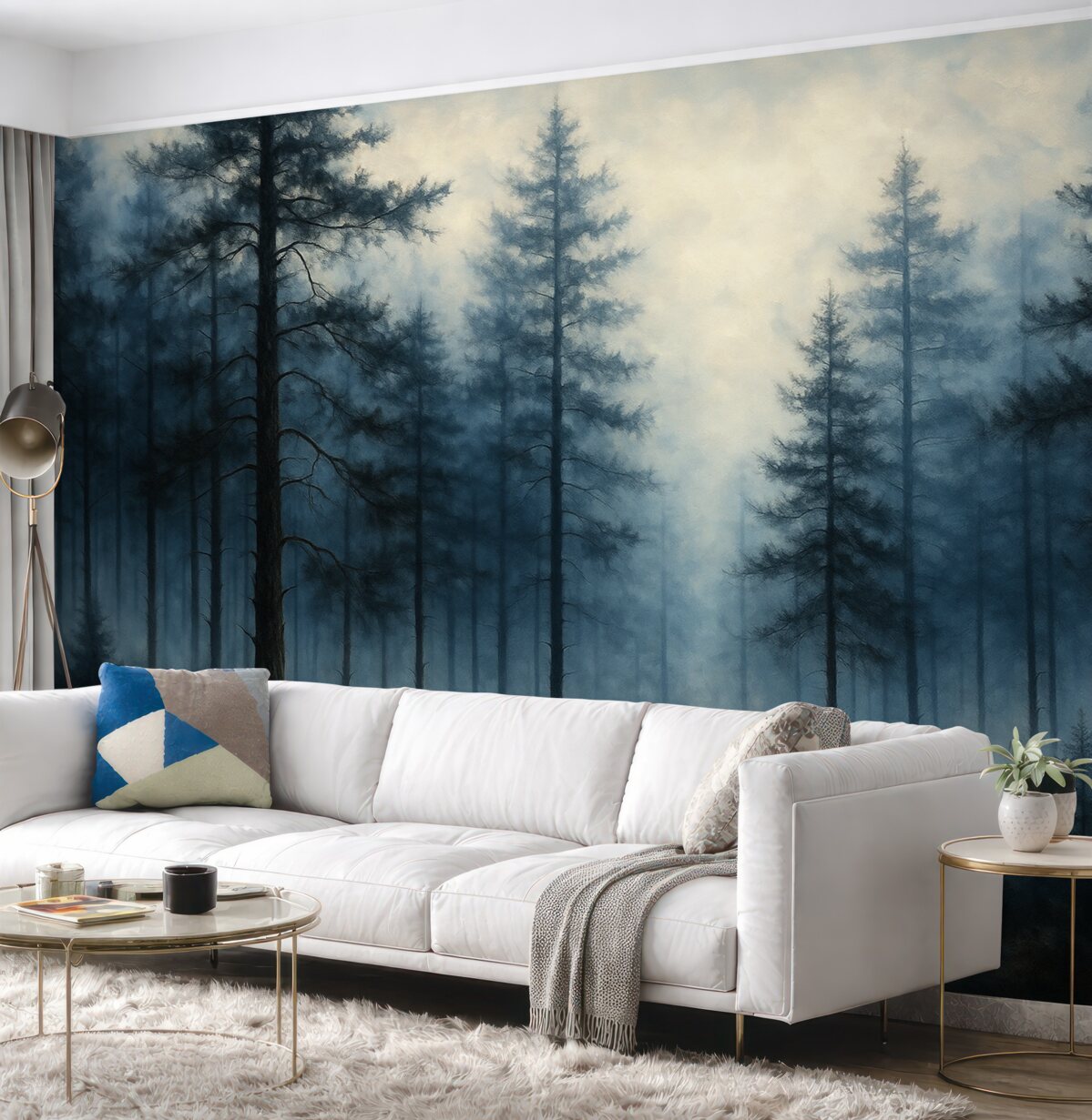 Fototapeta Mistyczny las, sosny, mgła, akryl, głębokie niebieskie barwy.