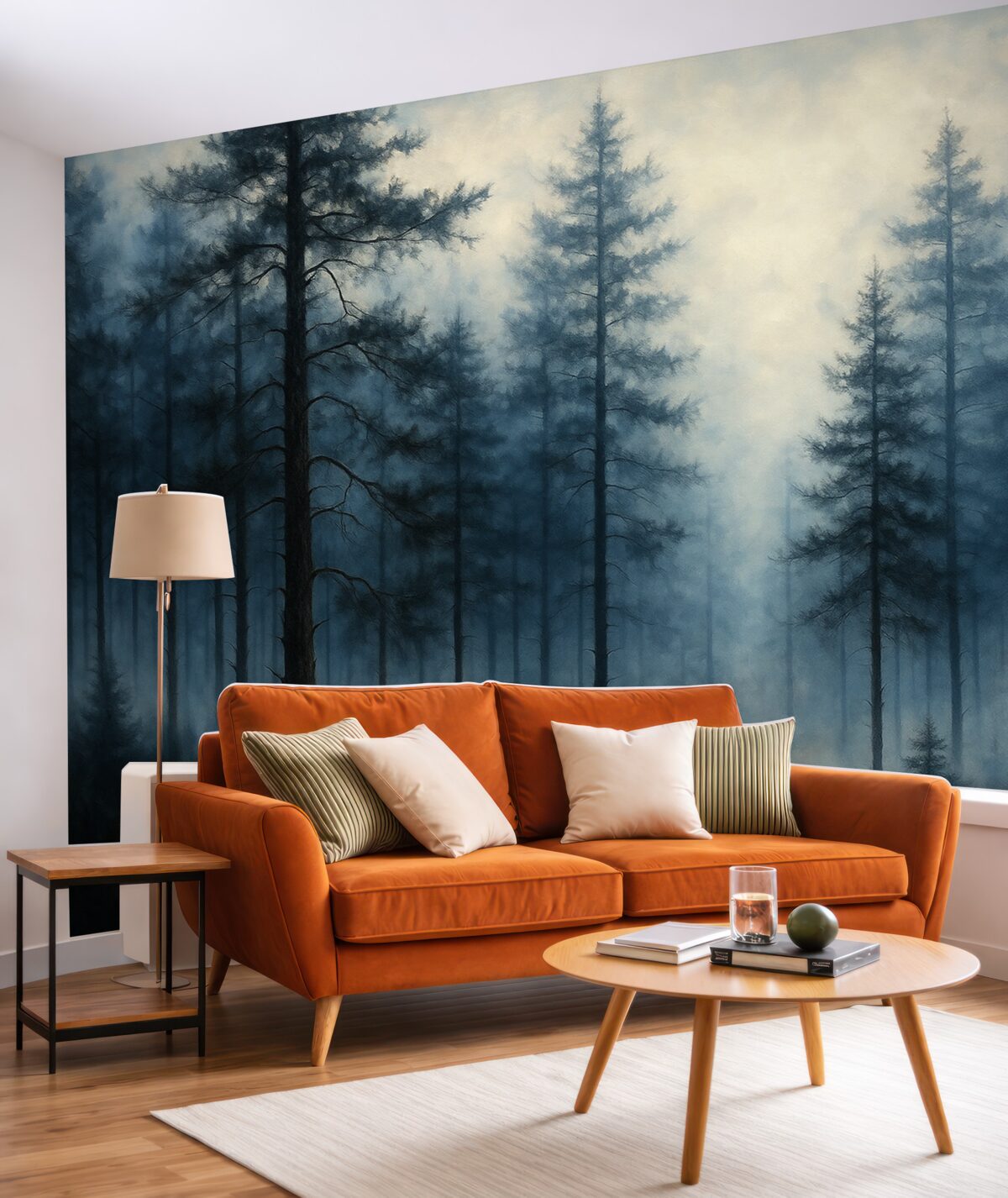 Fototapeta Mistyczny las, sosny, mgła, akryl, głębokie niebieskie barwy.