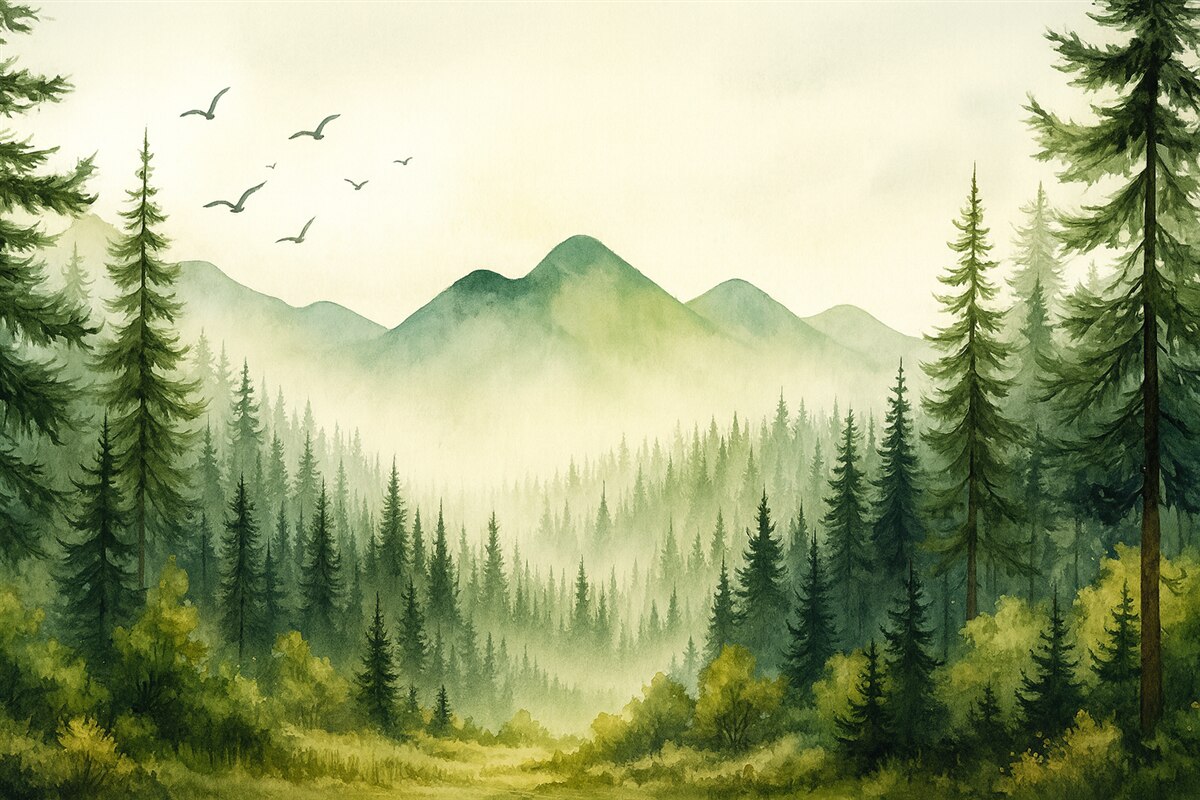 Fototapeta Akwarela przedstawia leśne i górskie pejzaże, zieloną gamę kolorów.