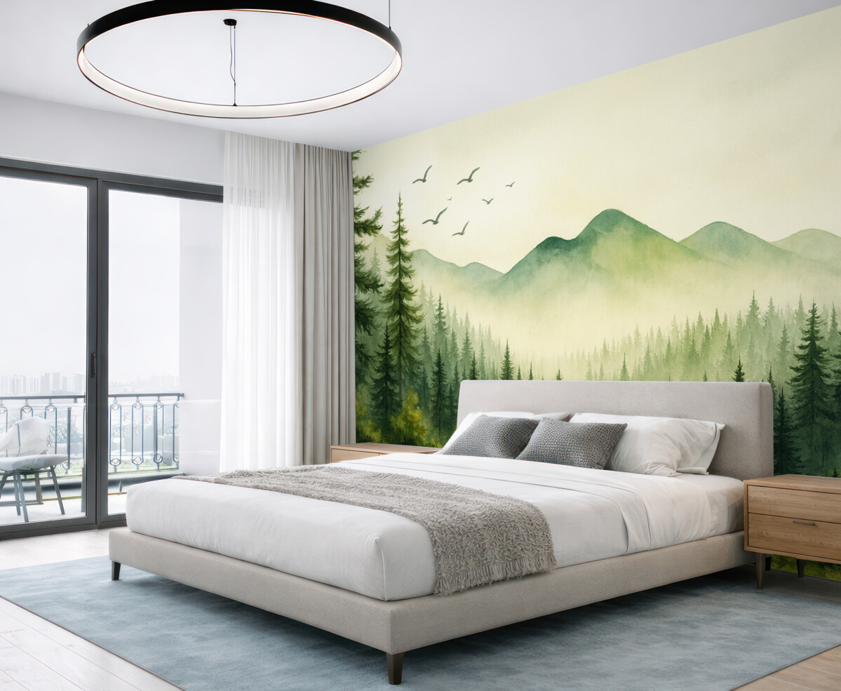 Fototapeta Akwarela przedstawia leśne i górskie pejzaże, zieloną gamę kolorów.