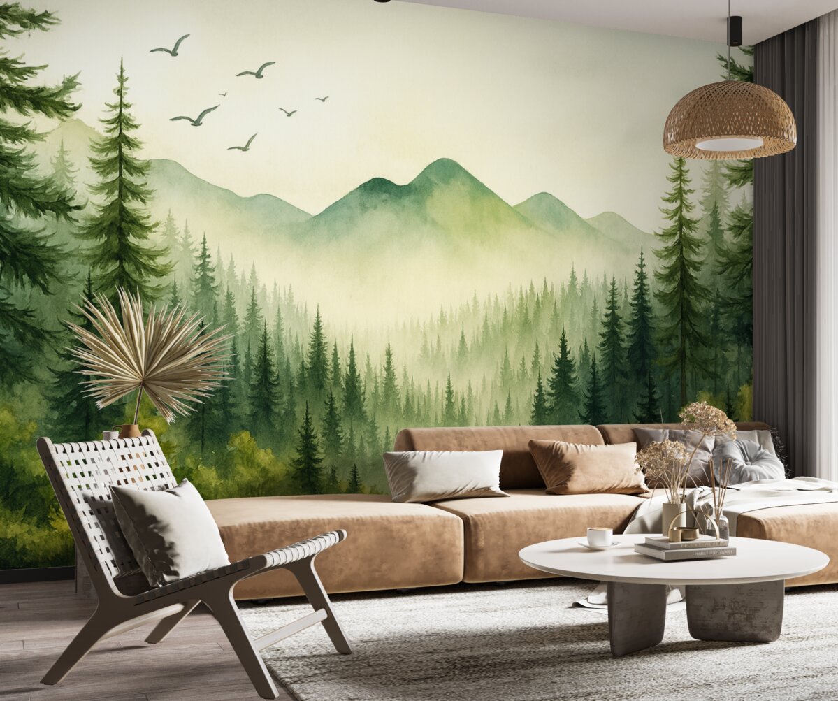 Fototapeta Akwarela przedstawia leśne i górskie pejzaże, zieloną gamę kolorów.