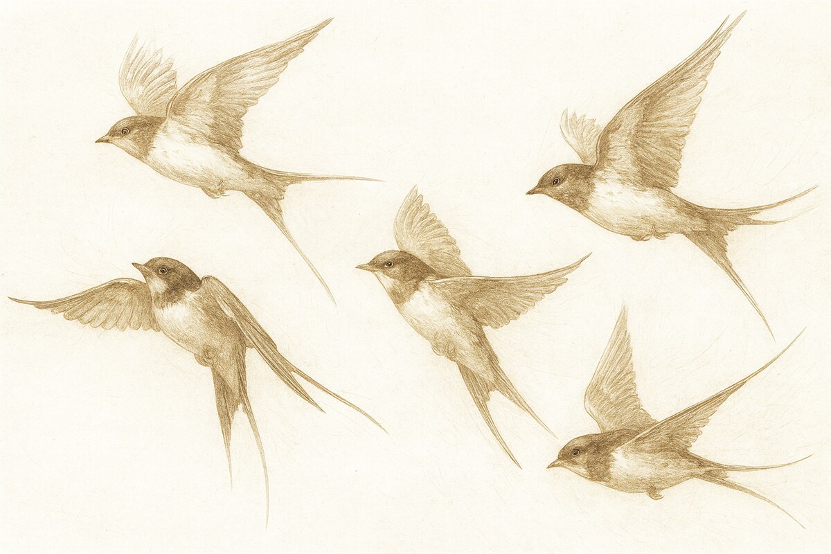 Fototapeta Ptaki w locie, szkic ołówkiem, prostota, subtelne odcienie beżu.