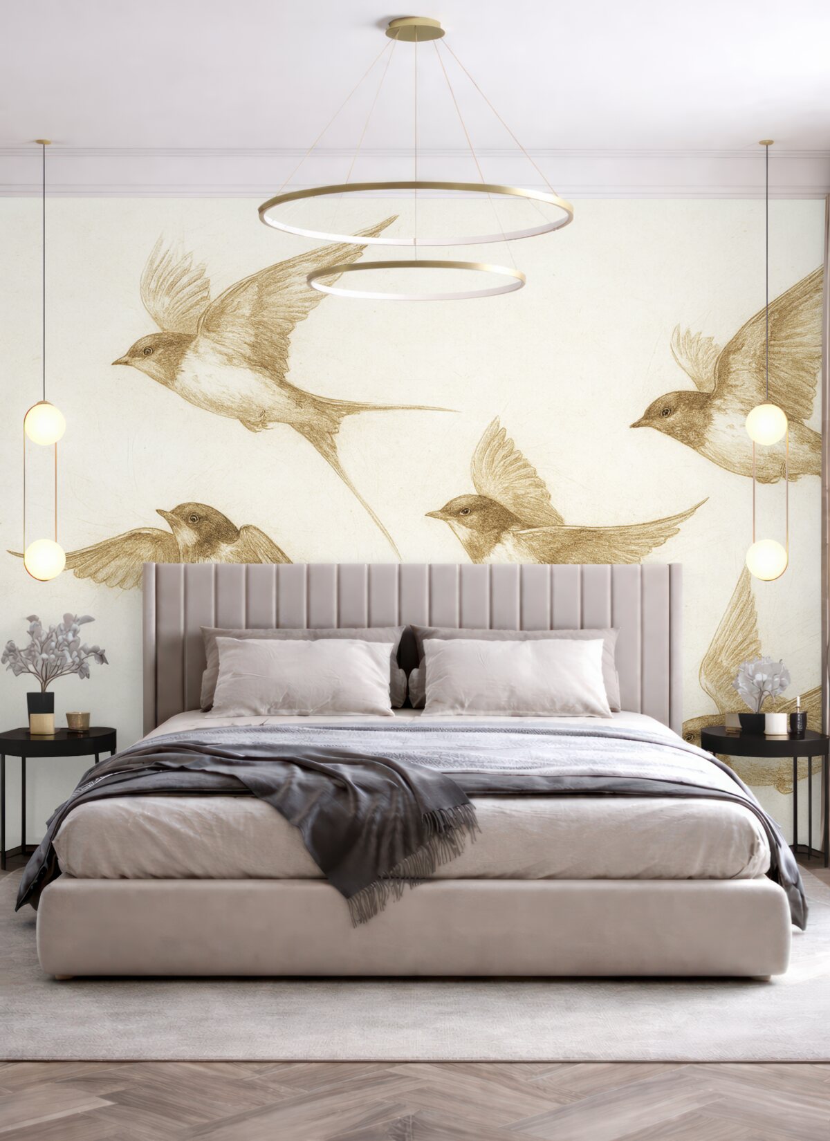 Fototapeta Ptaki w locie, szkic ołówkiem, prostota, subtelne odcienie beżu.