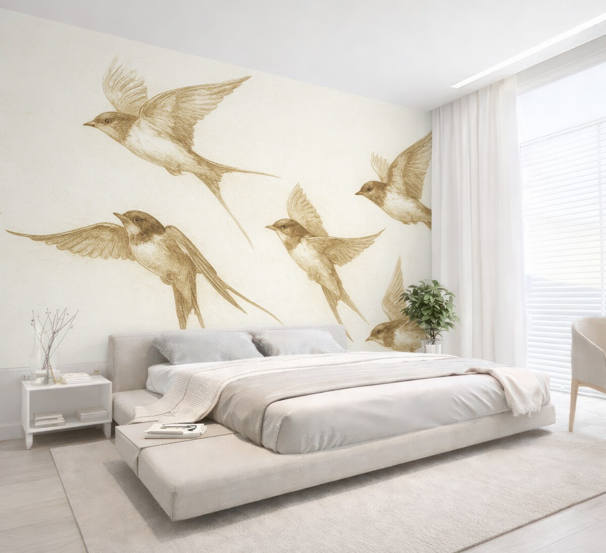 Fototapeta Ptaki w locie, szkic ołówkiem, prostota, subtelne odcienie beżu.