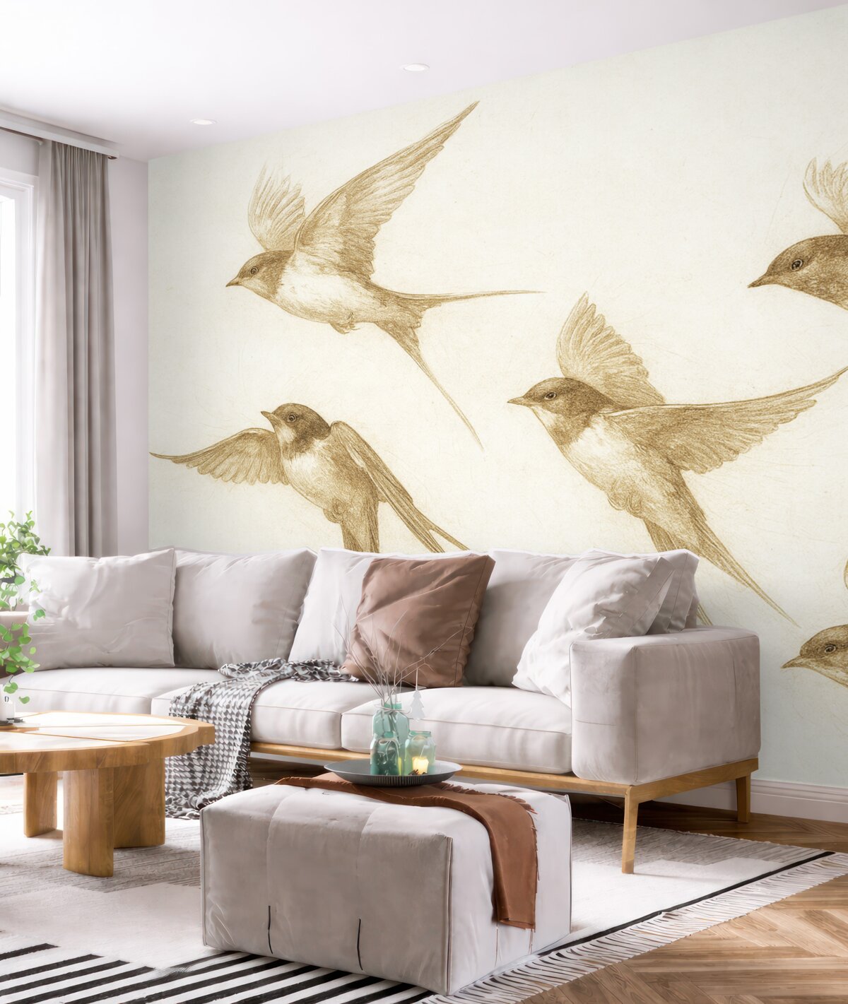 Fototapeta Ptaki w locie, szkic ołówkiem, prostota, subtelne odcienie beżu.