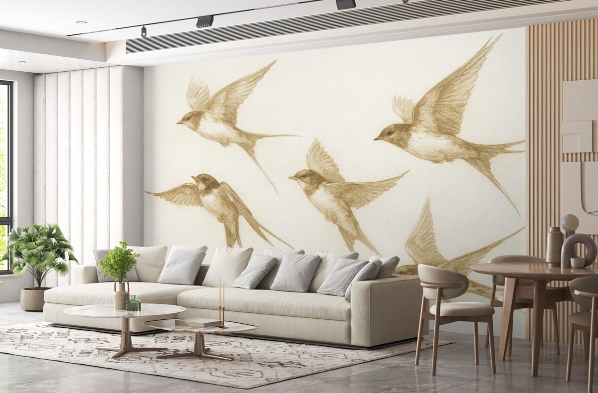 Fototapeta Ptaki w locie, szkic ołówkiem, prostota, subtelne odcienie beżu.