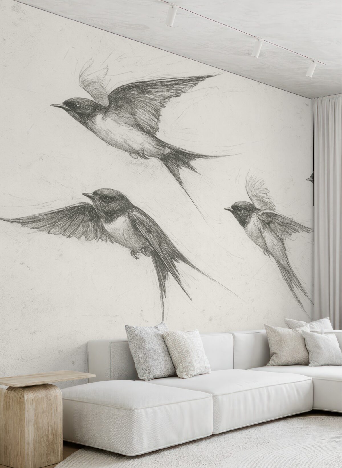 Fototapeta Ptaki w locie, rysunek za pomocą tuszu, prostota, szare odcienie.