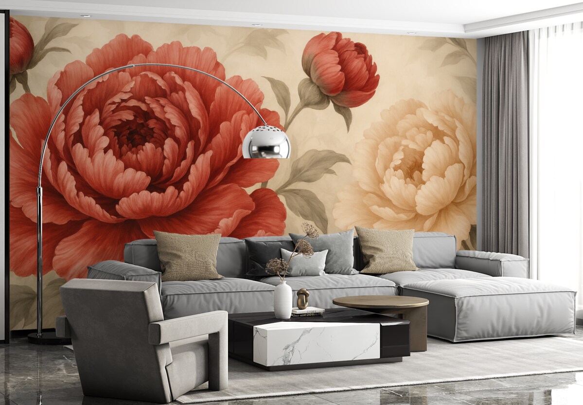 Fototapeta Czerwone i kremowe piwonie z zielonymi liśćmi.