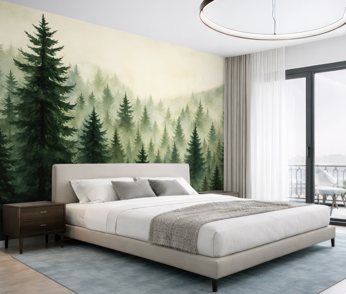 Fototapeta Zamglony las w subtelnych tonach zieleni.