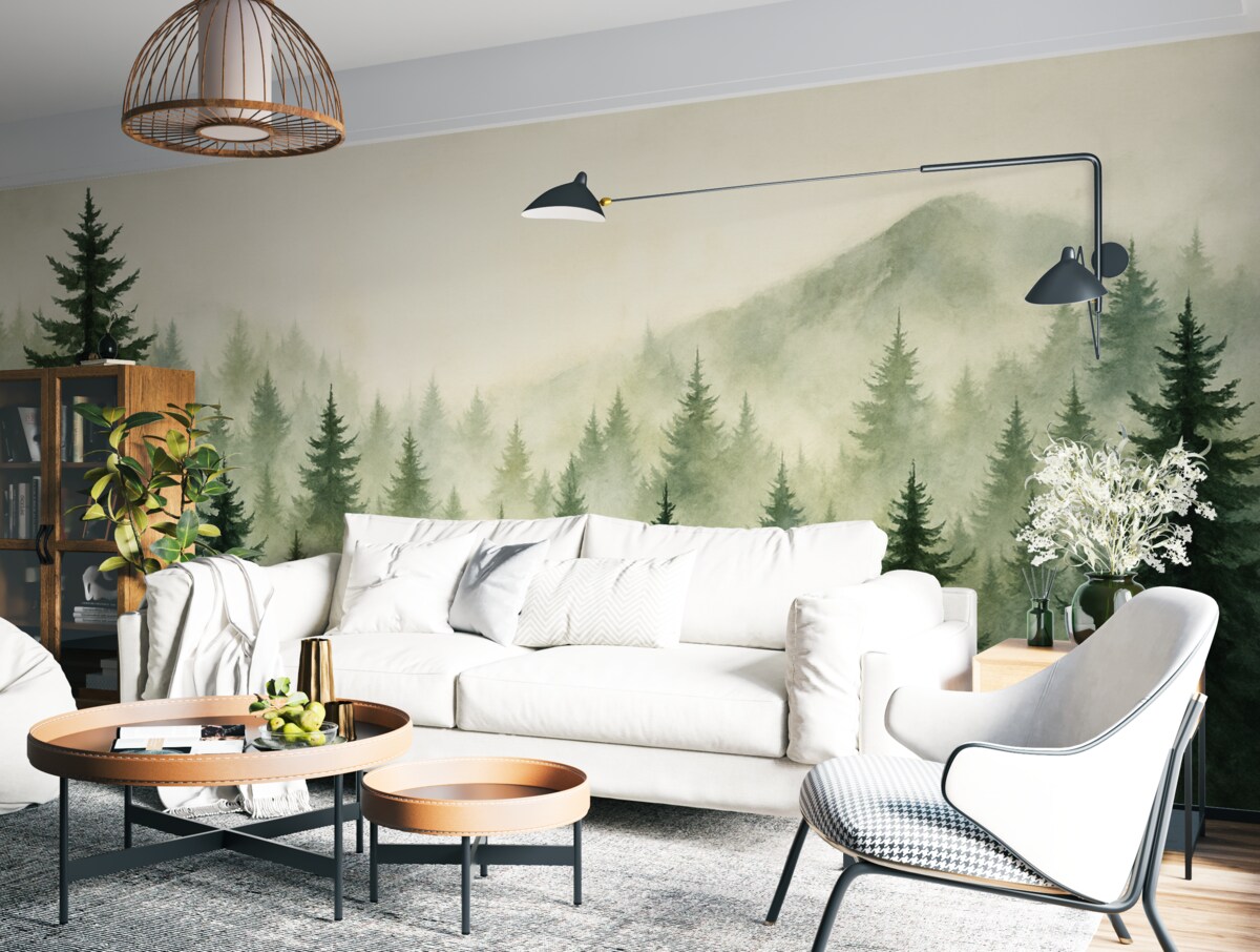 Fototapeta Zamglony las w subtelnych tonach zieleni.