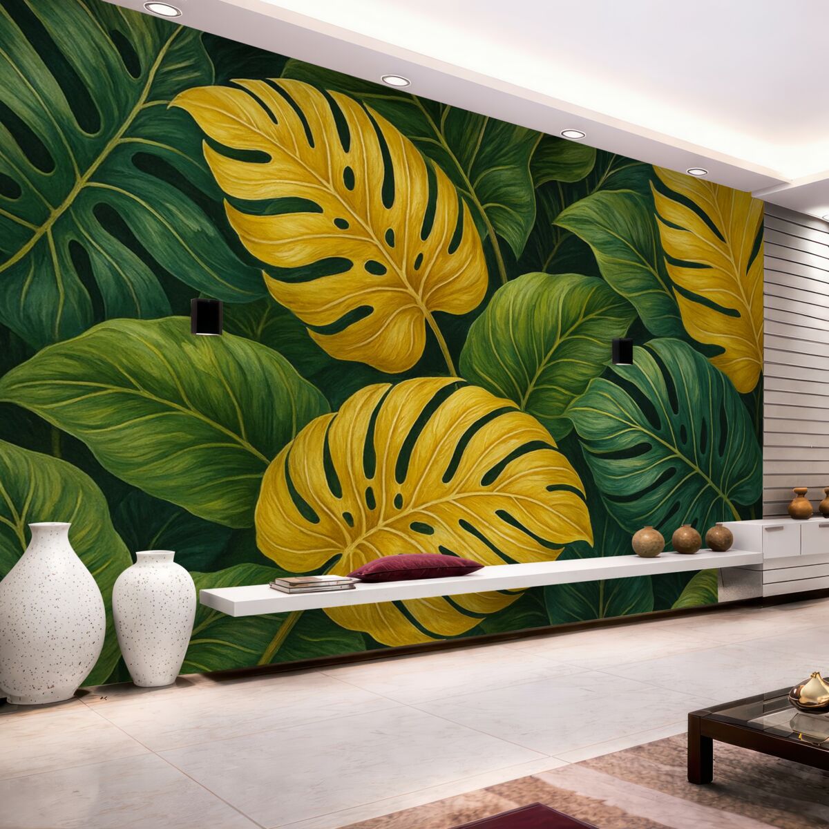 Fototapeta Tropikalne zielone i żółte liście.