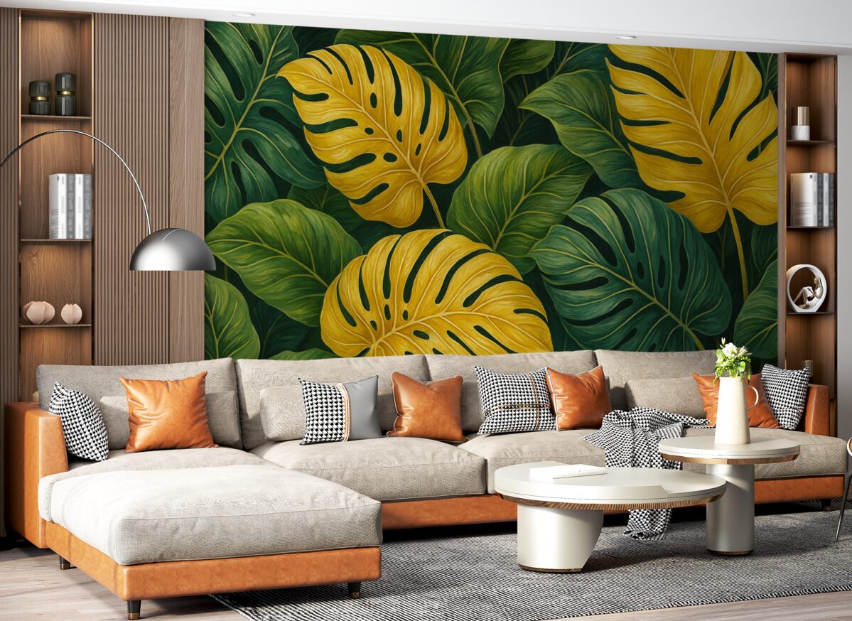 Fototapeta Tropikalne zielone i żółte liście.