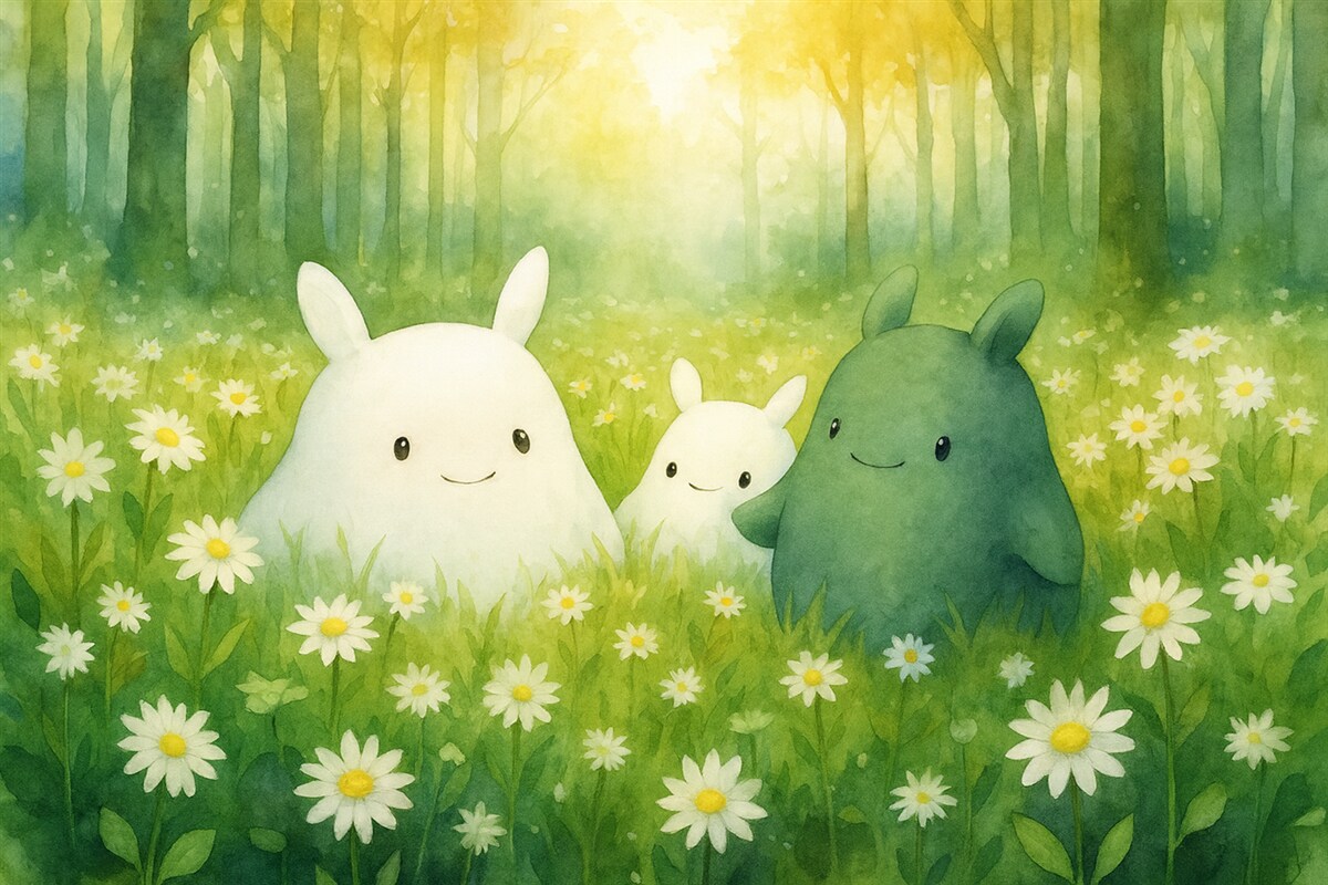 Fototapeta Stwory na łące rumianku w lesie.