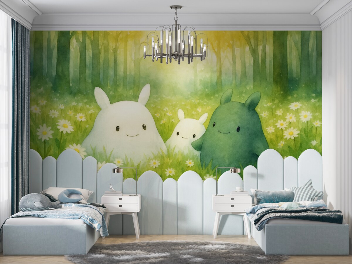 Fototapeta Stwory na łące rumianku w lesie.