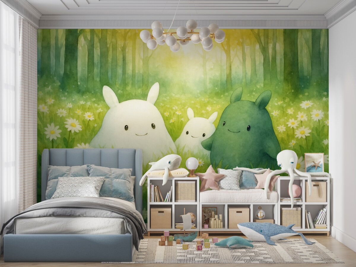 Fototapeta Stwory na łące rumianku w lesie.