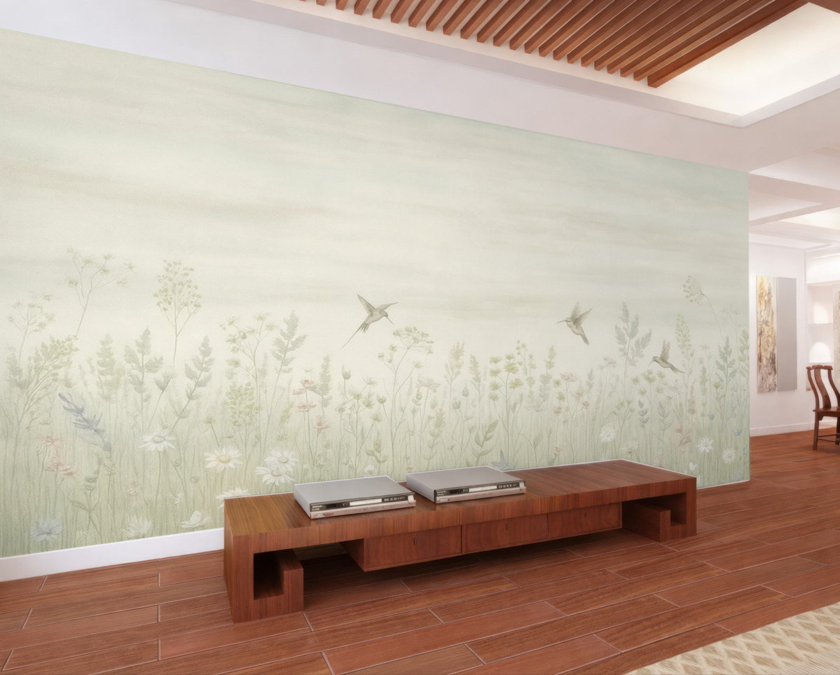 Fototapeta Kwiaty w retro stylu oraz niebo w gradientowych pastelowych barwach.