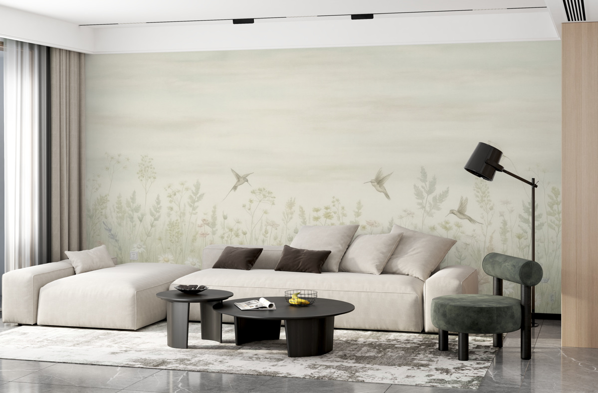 Fototapeta Kwiaty w retro stylu oraz niebo w gradientowych pastelowych barwach.