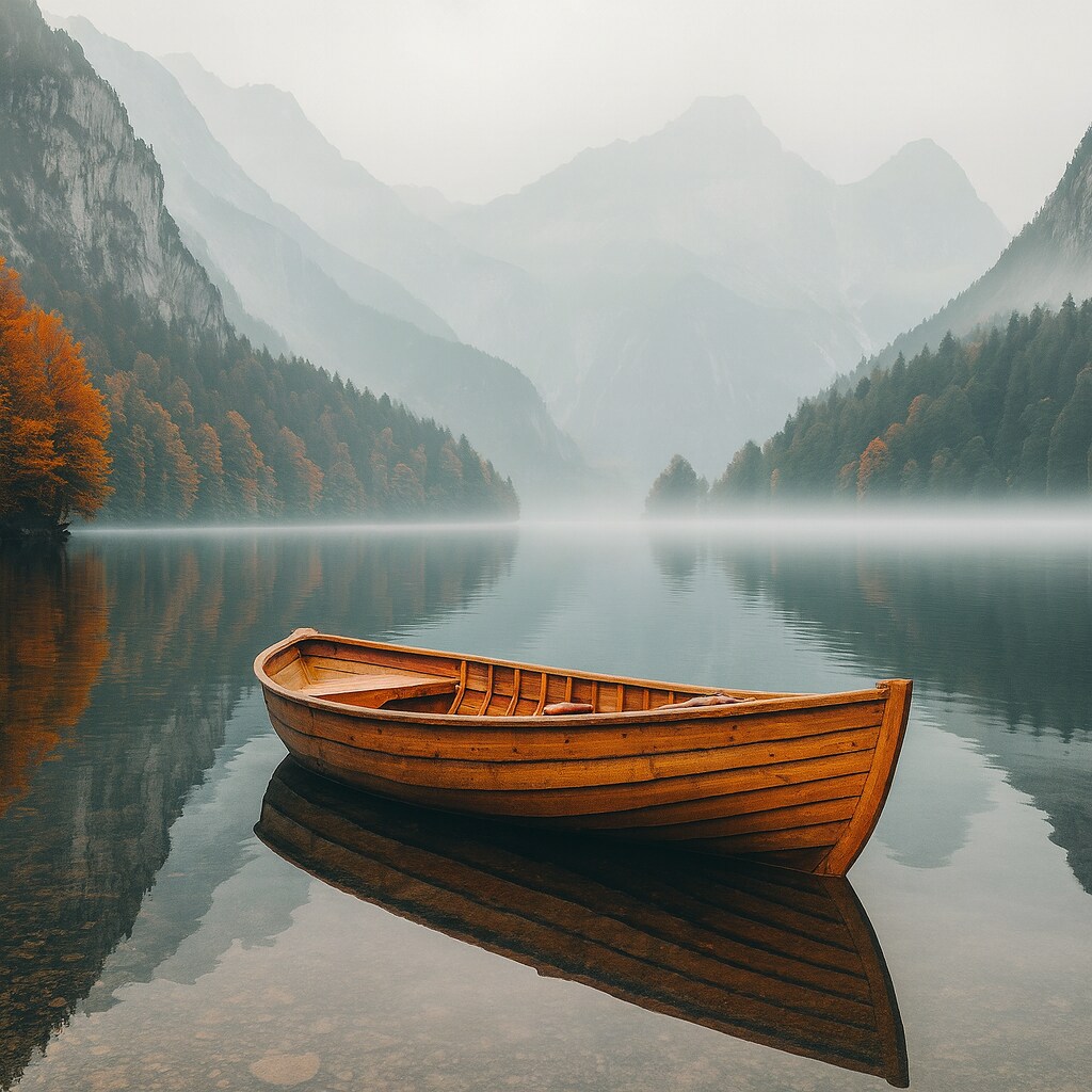 Fototapeta Drewniana łódź unosi się po jeziorze, otoczona gęstą mgłą i wzgórzami w tle.