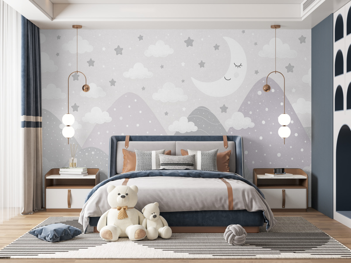 Fototapeta Różowe szczyty, chmury oraz księżyc.