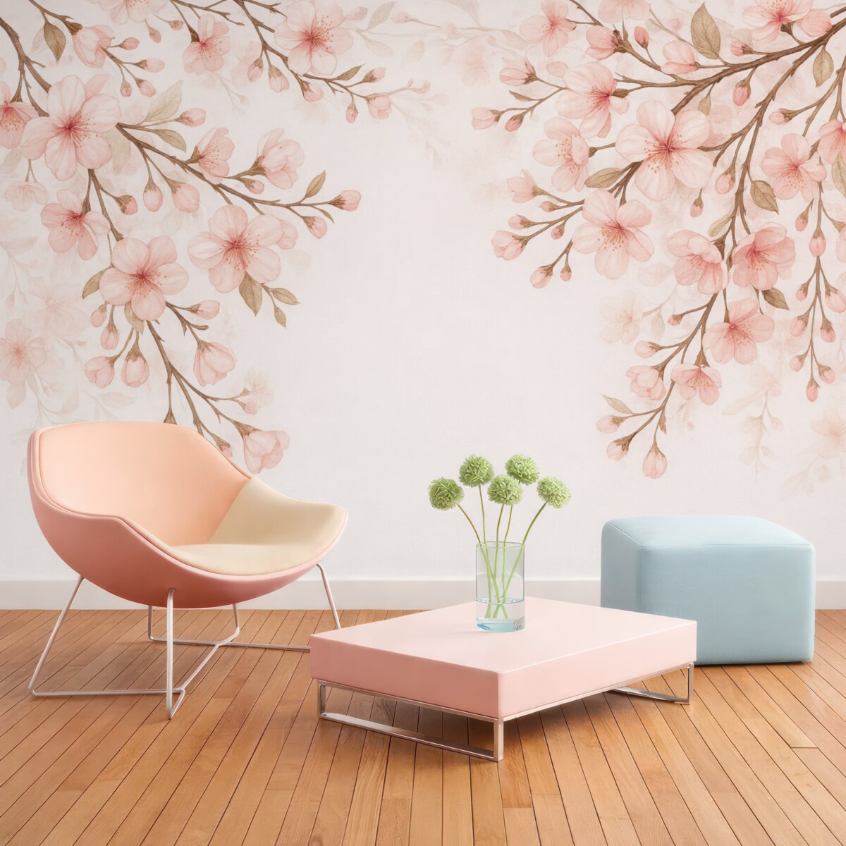 Fototapeta Różowe kwitnące konary na różowej powierzchni.