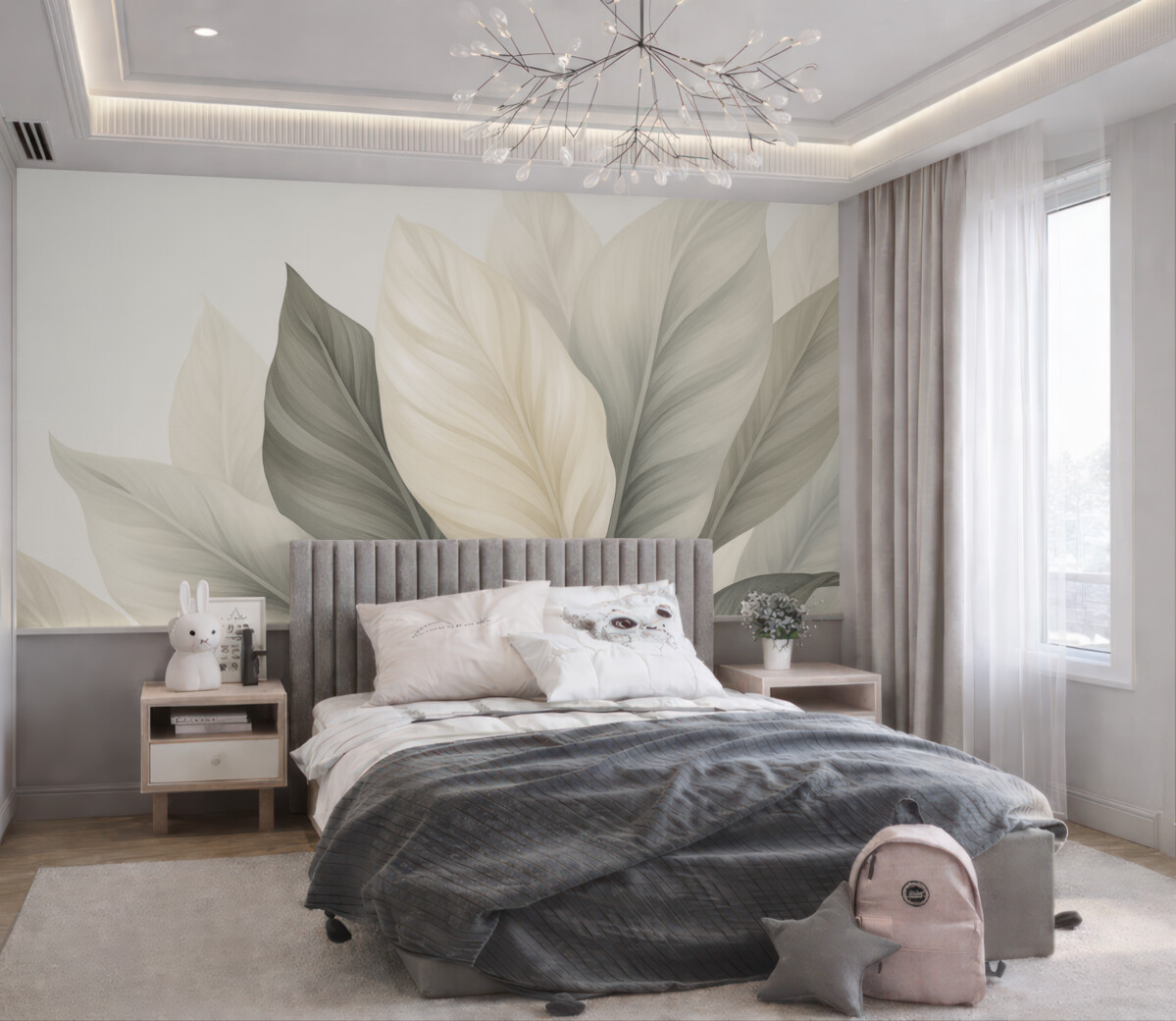 Fototapeta Beżowe oraz szare liście na jasnym tle.