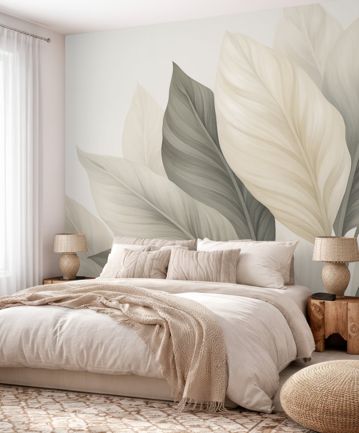 Fototapeta Beżowe oraz szare liście na jasnym tle.