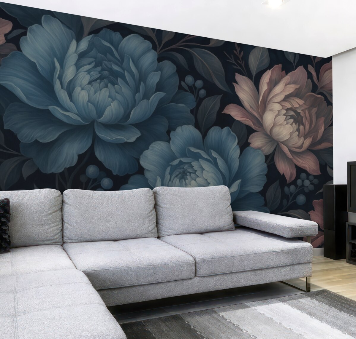 Fototapeta Ciemnoniebieska powierzchnia z dużymi piwoniami.