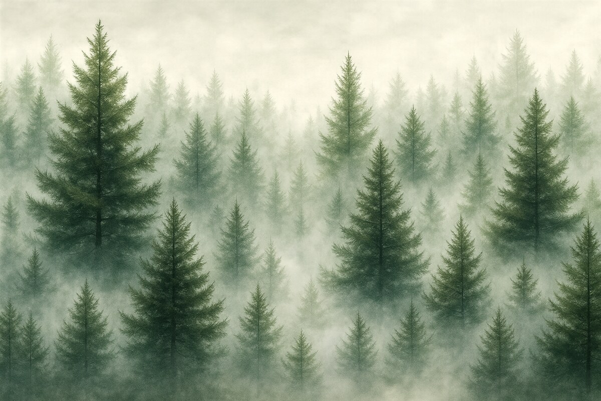 Fototapeta Urokliwy las z sosnami, mglisty, pejzaże przyrody, zielone odcienie.