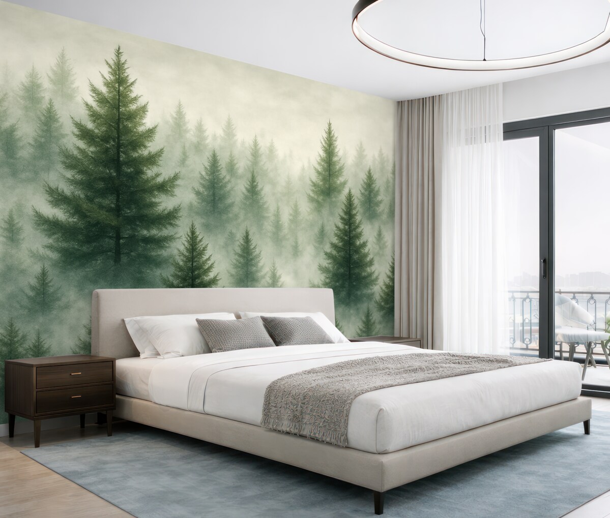 Fototapeta Urokliwy las z sosnami, mglisty, pejzaże przyrody, zielone odcienie.