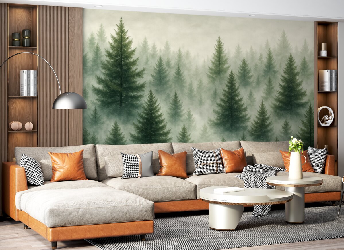 Fototapeta Urokliwy las z sosnami, mglisty, pejzaże przyrody, zielone odcienie.