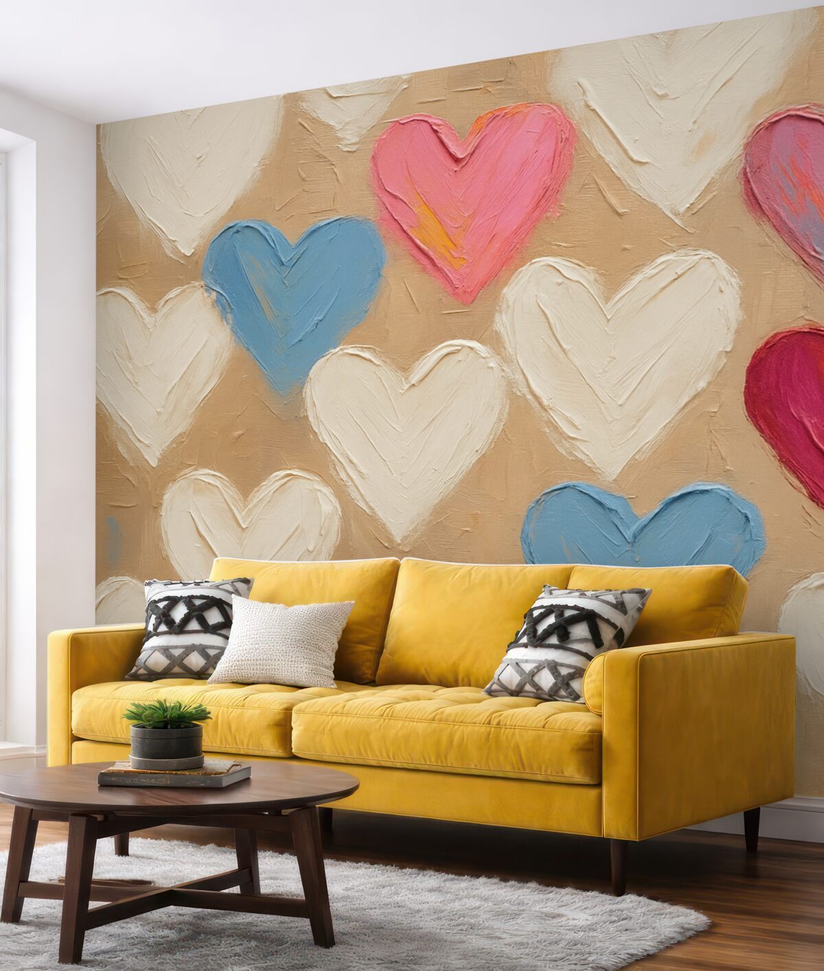 Fototapeta Serca na ciemnobeżowym tle przypominającym pociągnięcia.