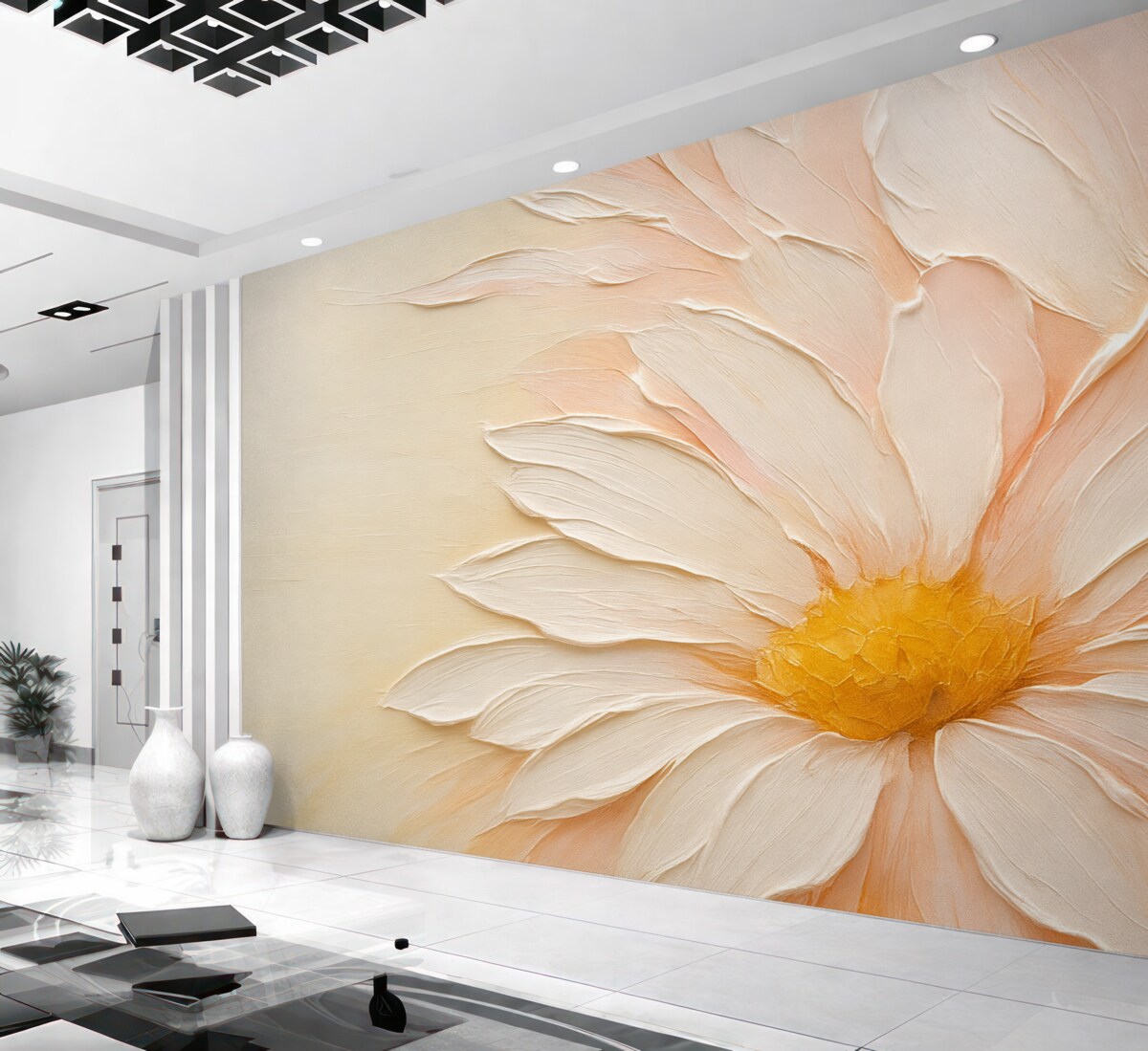 Fototapeta Biały, różowy, duży kwiat z imitacją malarskich pociągnięć, tło o zróżnicowanej fakturze.