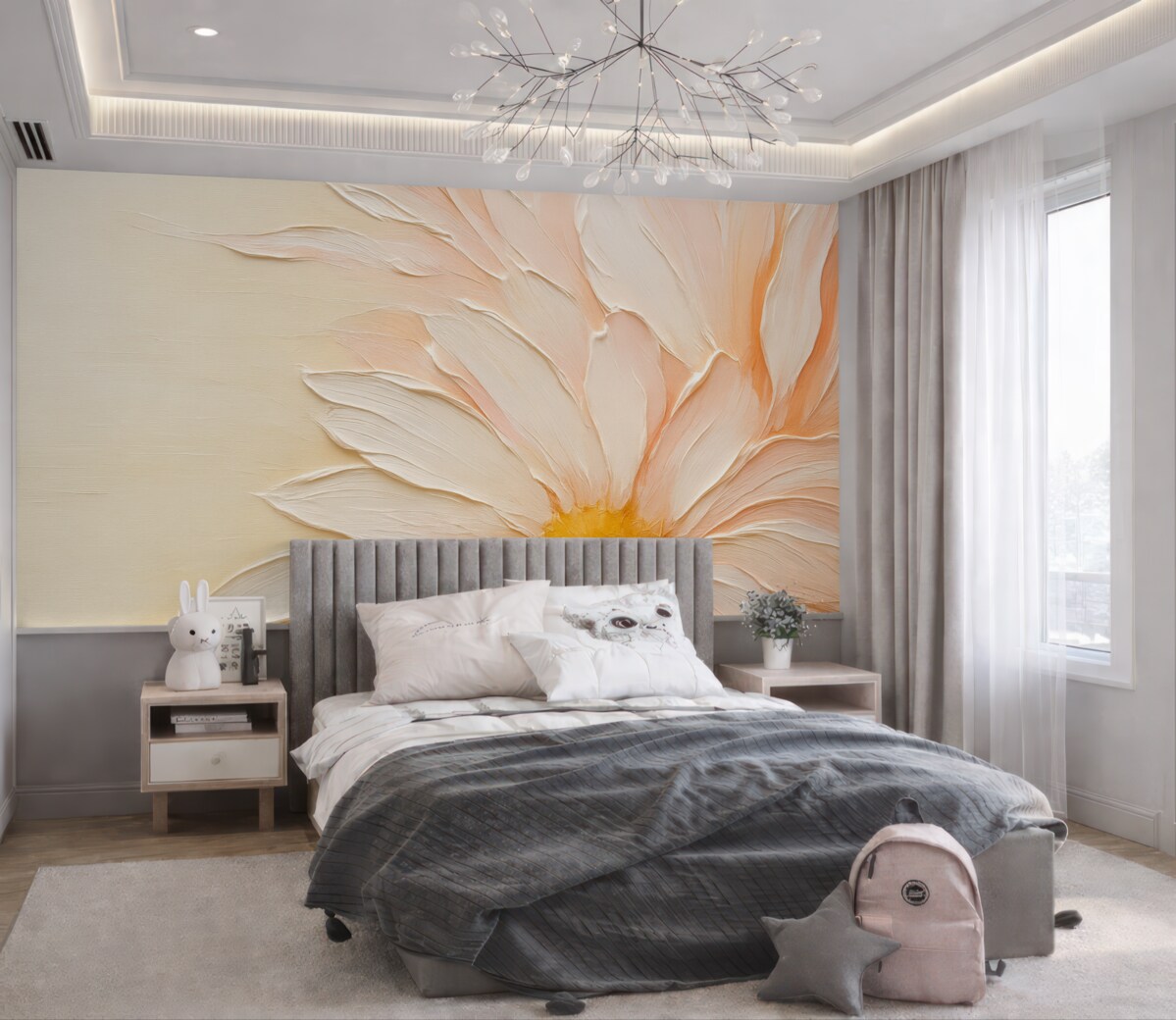 Fototapeta Biały, różowy, duży kwiat z imitacją malarskich pociągnięć, tło o zróżnicowanej fakturze.